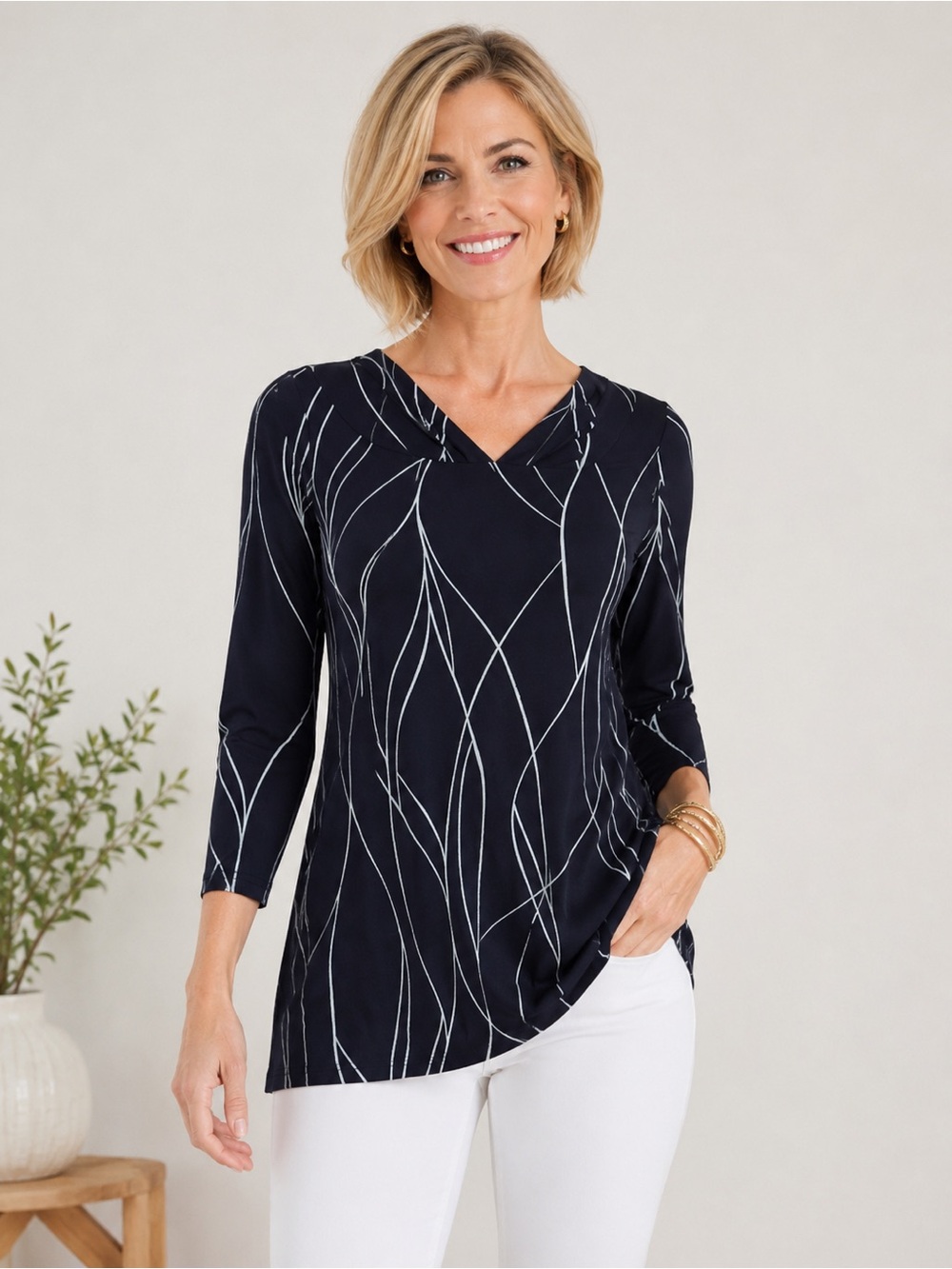Chico's Navy Blue V-Neck Long Sleeve Top with White Leaf Print